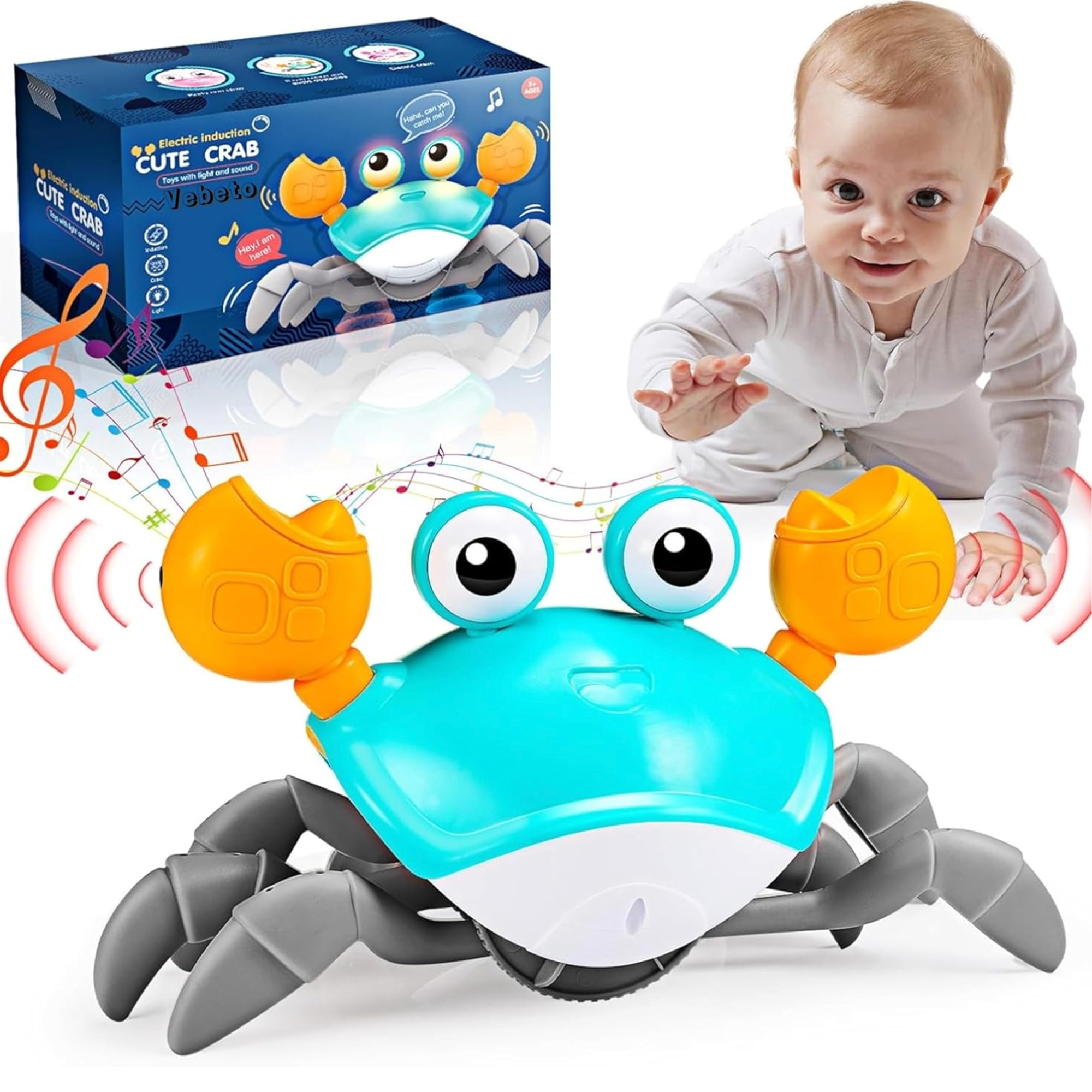 VEBETO Musical Crawling Crab Toy (1 Year Warranty) Walking Moving Toys Obstacle Avoid Sensor Interactive Dancing LED Lights Music Baby Kids Infant Toddler.