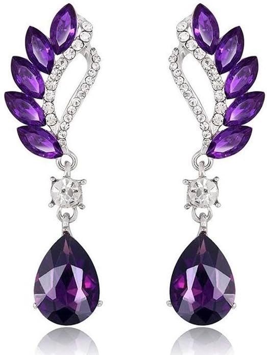 Nilu's Collection Crystal and Rhinestone Drop Dangle Earrings | Rhinestone Leaf Statement Earrings for Women | Lightweight (Purple)