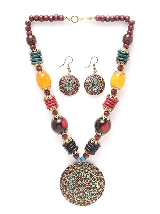 Shining Diva Fashion Latest Stylish Traditional Tibetan Pendant Necklace Jewellery Set for Women