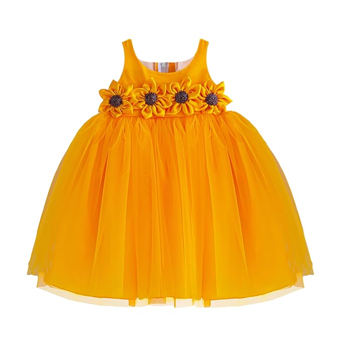 Stanwells Kids Baby Girls Frocks Knee Length Birthday Net Flared Ruffle Pattern Sleeveless Traditional Beautiful Sun Flower Western Frock Princess Dress for Girls