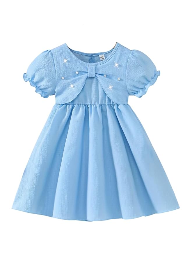 Girl Party Dress Pink Puff Sleeve Dress with Bow & Pearl