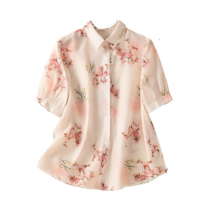Gufrina Women's Cream Floral Printed Western Shirt with Button Down Front, Short Puff Sleeves and Relaxed Fit Silhouette