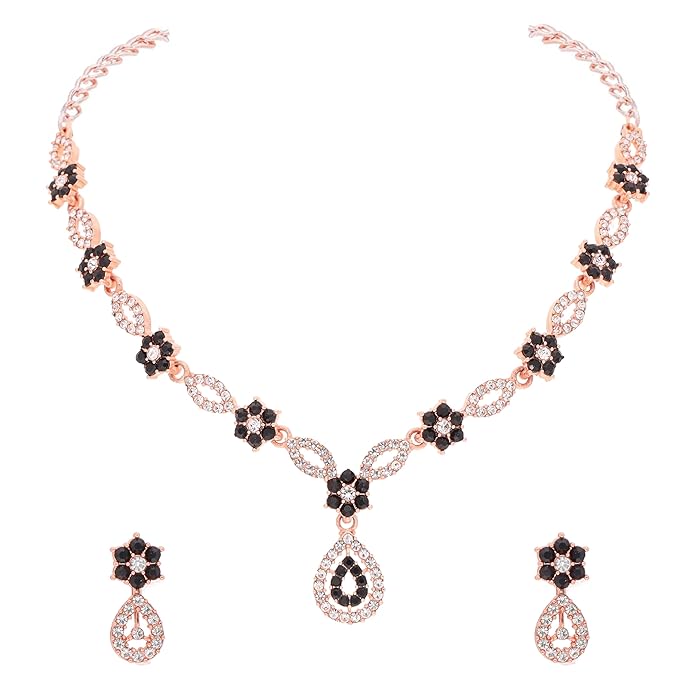 Brado Jewellery Exclusive Rosegold polished American Diamond (AD) studded necklace and earring set for women