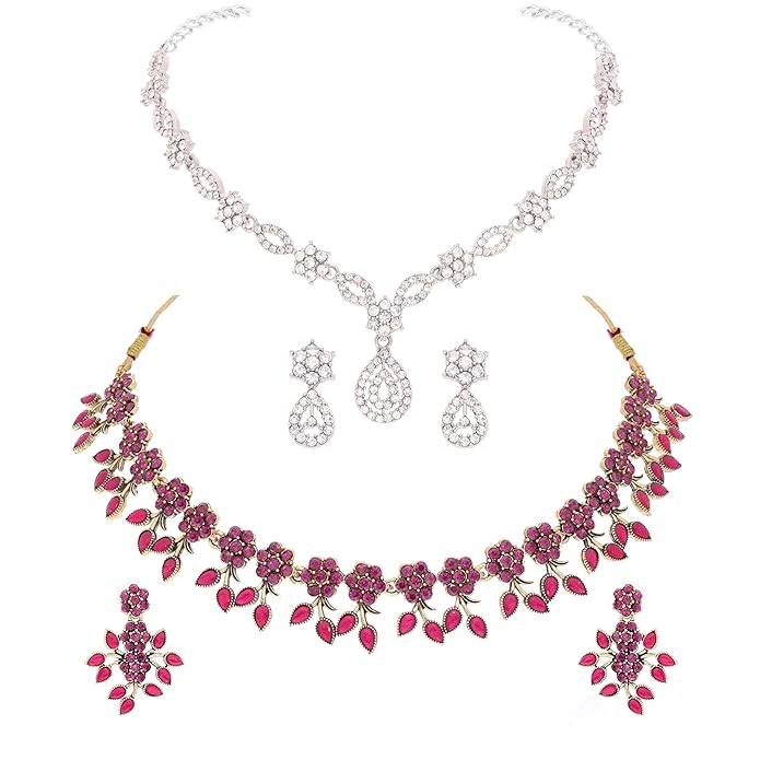 Brado Jewellery New Lunched Combo Gold & Silver Polish with Pink & White AD Stone Studded Necklace Jewellery set with Matching pair of Earrings for Women and Girls
