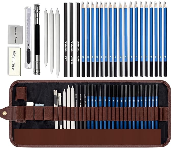 Corslet 28 Pc Drawing Pencils Sketch Pencil Set Art Supplies Set for Kids Adults Beginners Professional Sketching Kit Art Graphite Charcoal Pencil Blending Stump Drawing Kit Shading Pencils Set