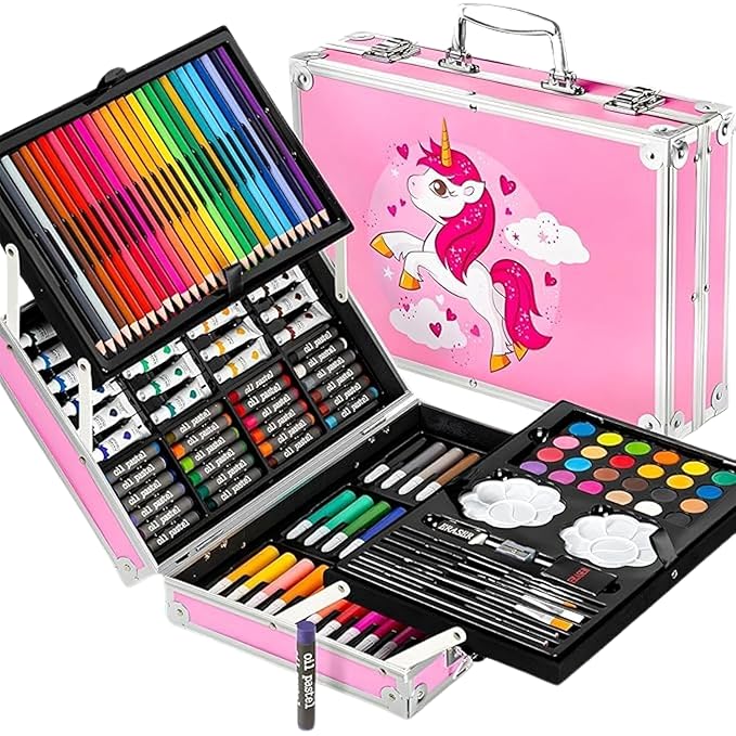 Art Set for kids,145 pieces Drawing Kit with colour pencils, Oil pastels,paint Brushes,unicorn Theme Art set