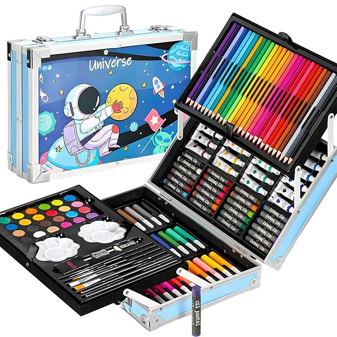 Art Kit Space Art & Craft Professional Art Set, 145 Pieces, Drawing Kit with Colour Pencils, Oil Pastels, Paint Brushes Moon and Astonaut Fantasy Art kit for Boys Perfect Git Set