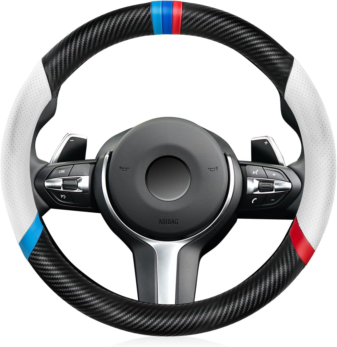  waqif Steering Wheel Cover, Napa Leather Car Steering Wheel Protector Sport Carbon Fiber Design, Non-Slip & Breathable & Odorless, Universal Fit 15